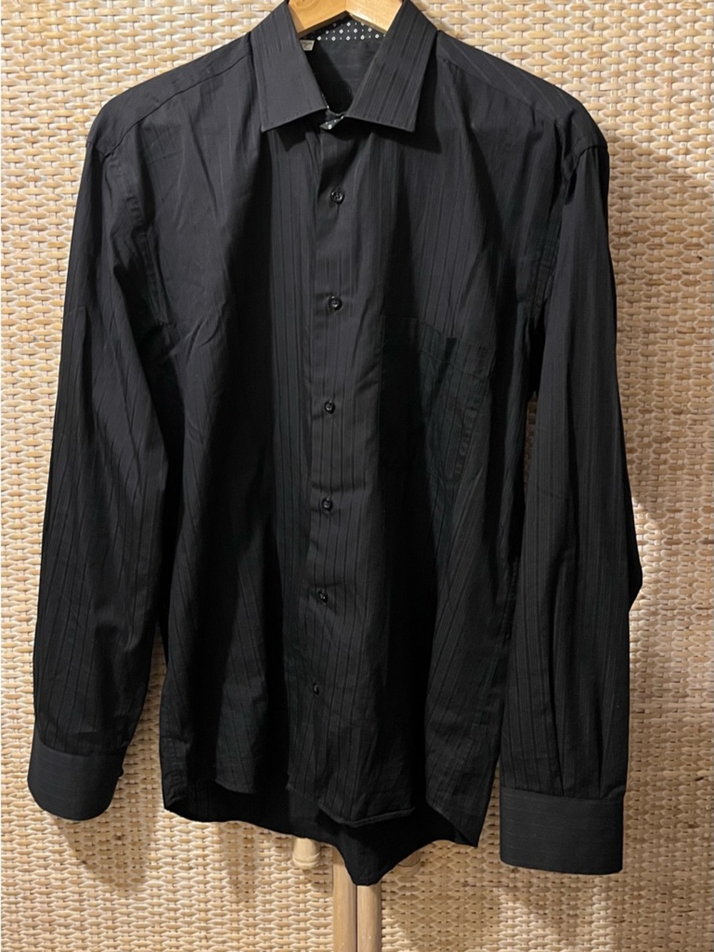 Men's Black Long-Sleeve Dress Shirt with Subtle Stripe